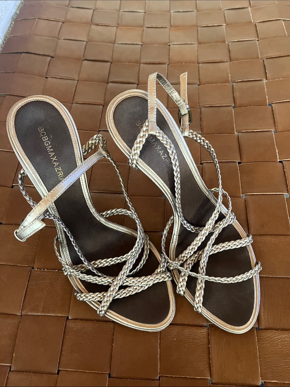 BCBGMaxAzria Braided Metallic Strappy Heels in Silver